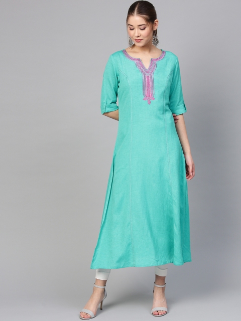 Varanga Women Turquoise Blue Embroidered A-Line Kurta
