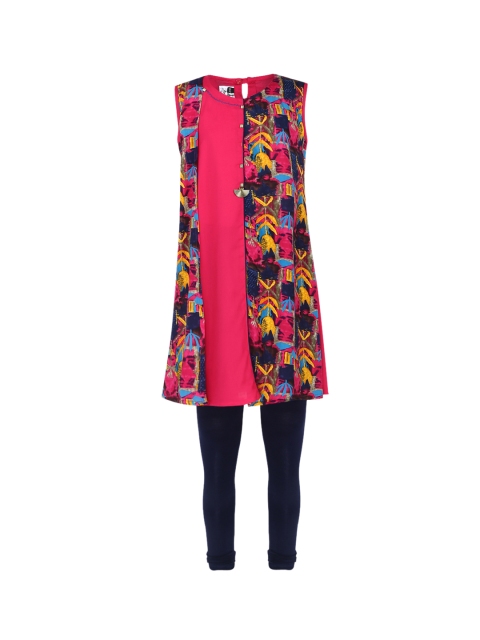 Aarika Girls Pink & Navy Blue Printed Kurta with Churidar