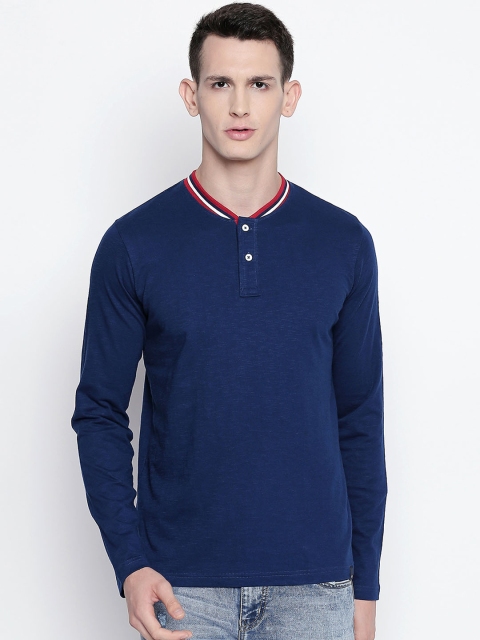 Basics Men Navy Blue Solid Mandarin Collar T-shirt