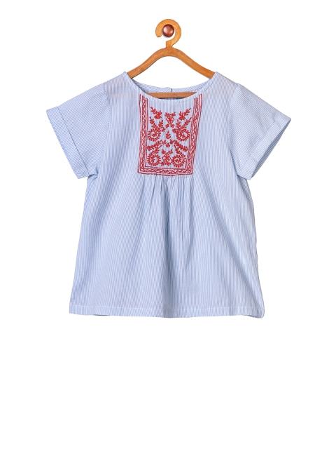Miyo Girls White & Blue Striped A-Line Top with Embroidered Detail