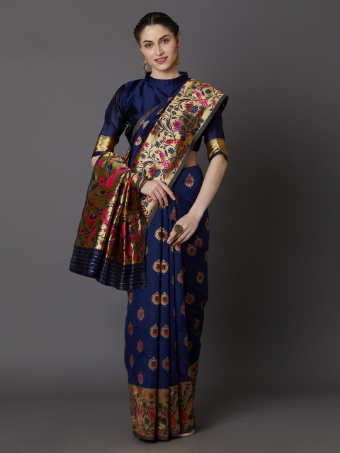 Mitera Navy Blue Silk Blend Woven Design Banarasi Saree