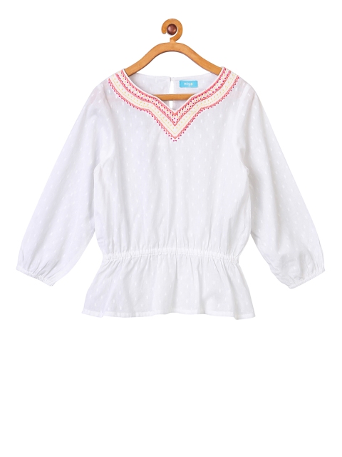 Miyo Girls White Self Design Cinched Waist Top