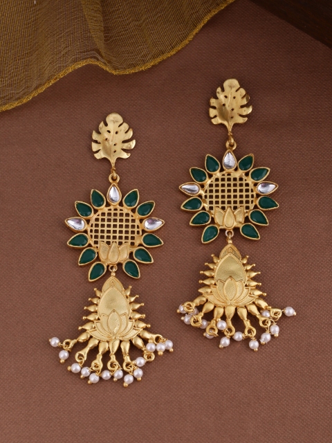 Shoshaa Gold-Plated & Green Contemporary Drop Earrings