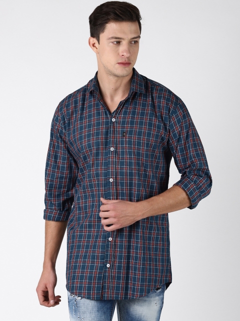 LEVIZO Men Teal Blue & Orange Regular Fit Checked Casual Shirt