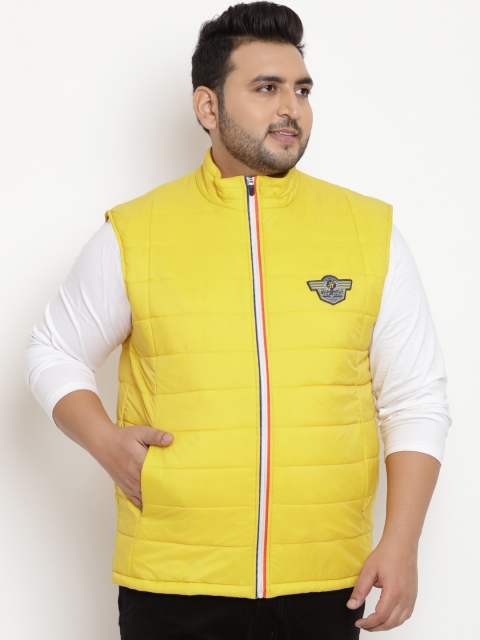 John Pride Plus Size Men Yellow Solid Padded Sleeveless Jacket
