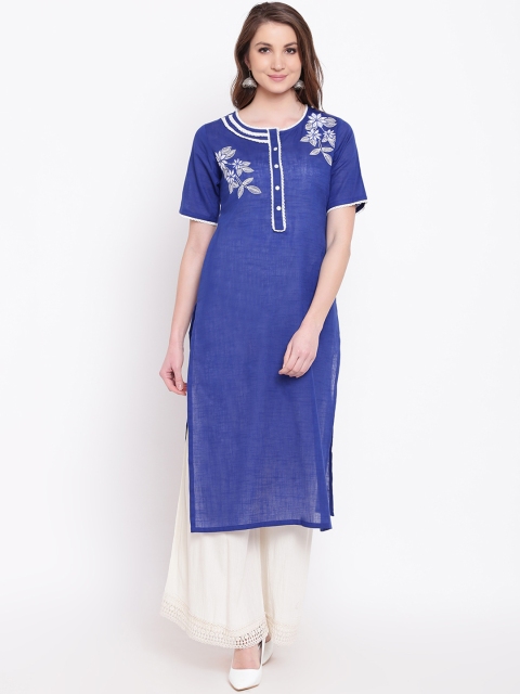 Shakumbhari Women Blue & White Embroidered Straight Kurta