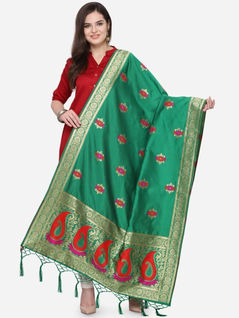 Satrani Green & Red Jacquard Banarasi Woven Design Dupatta