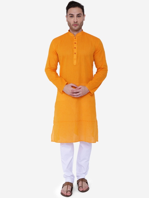 RAJUBHAI HARGOVINDAS Men Yellow Printed Handloom Straight Kurta