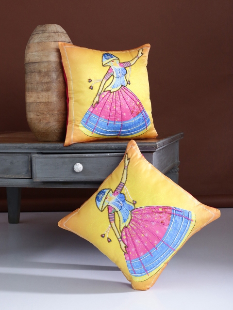 Alina decor Yellow & Pink Set of 2 Quirky Square Cushion Covers