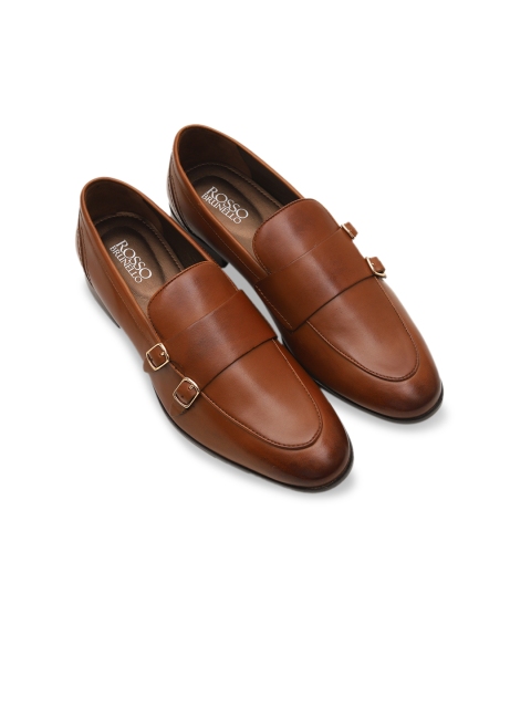 Rosso Brunello Men Brown Leather Formal Monk Strap Loafers