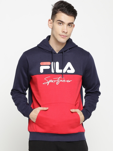 FILA Men Navy Blue & Red Colourblocked Hooded Sweatshirt