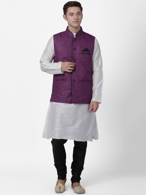 TABARD Men Purple & Silver-Toned Solid Kurta with Churidar