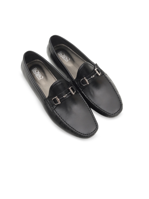 Rosso Brunello Men Black Solid Genuine Leather Horsebit Loafers