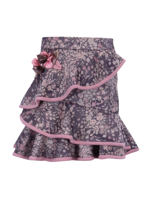 CUTECUMBER Girls Grey & Pink A-Line Floral Print Trumpet Layered Skirt