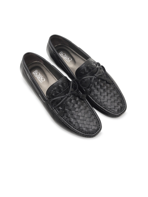 Rosso Brunello Men Black Woven-Design Leather Driving Loafers