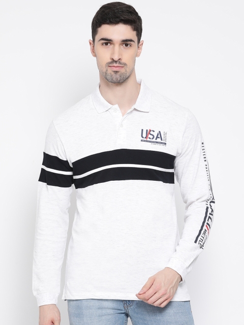 METTLE Men White Striped Polo Collar T-shirt