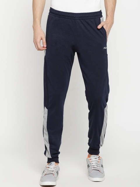 FILA Men Navy Blue & Grey Melange Colourblocked Slim-Fit Joggers