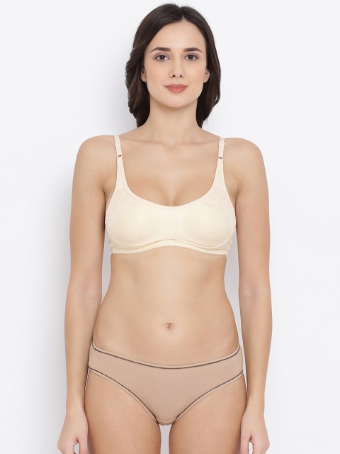 Clovia Women Nude-Coloured & Cream-Coloured Solid Lingerie Set COMBBP97332B