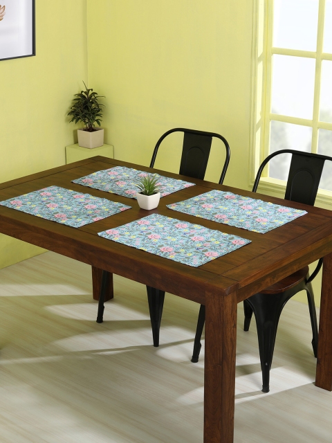 Chumbak Set of 4 Blue & Pink Floral Leaves Teal Table Mats