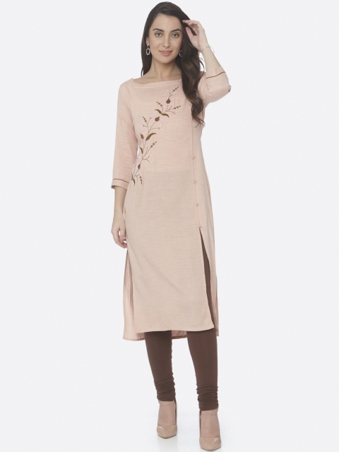 RAISIN Women Peach-Coloured Embroidered Straight Kurta