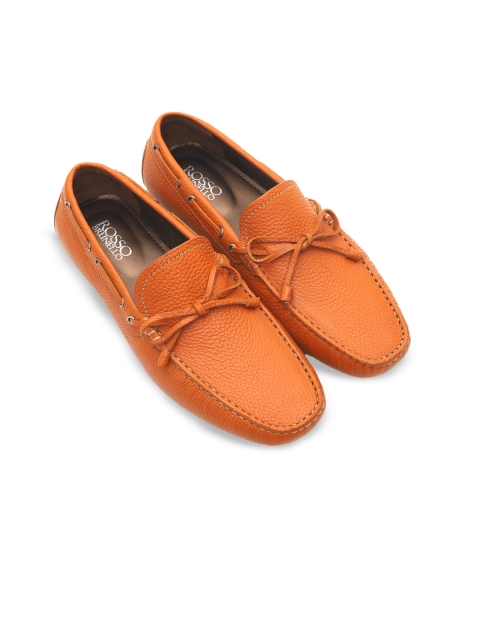 Rosso Brunello Men Orange Textured Genuine Leather Driving Loafers
