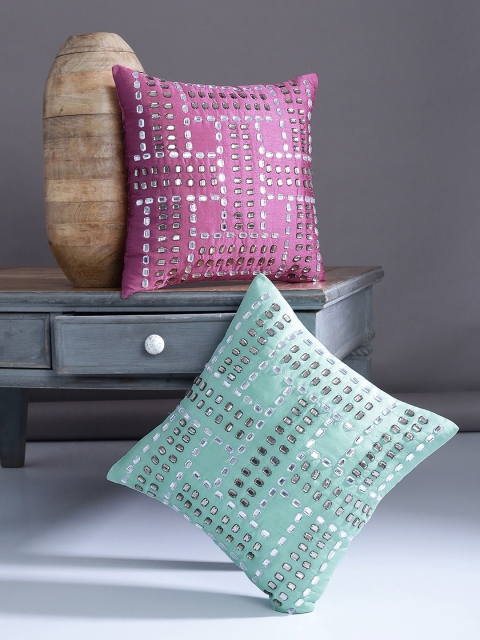 Alina decor Pink & Sea Green Set of 2 Embellished Square Cushion Covers