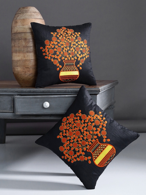 Alina decor Black & Orange Set of 2 Embroidered Square Cushion Covers