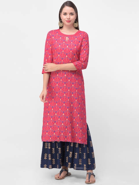 aayusika Women Pink & Navy Blue Printed Kurta with Sharara