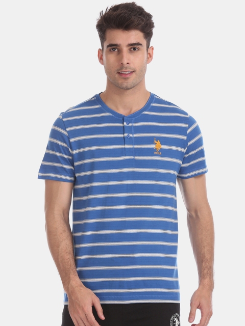 U.S. Polo Assn. Men Blue Striped Mandarin Collar T-shirt