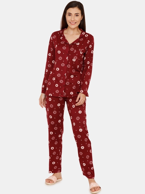 Zivame Women Maroon Printed Night Suit