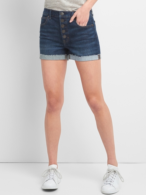 GAP Women Washwell High Rise Denim Shorts With Exposed Button Fly, Navy blue