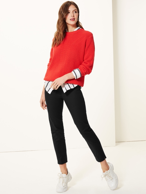 Marks & Spencer Women Black Slim Fit Solid Regular Trousers