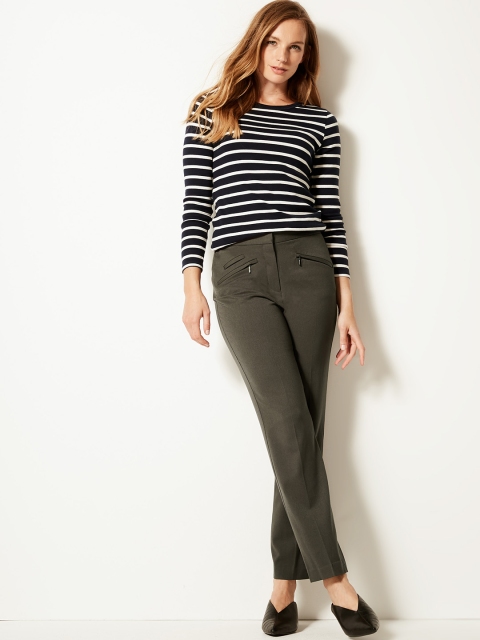 Marks & Spencer Women Grey Straight Fit Solid Regular Trousers