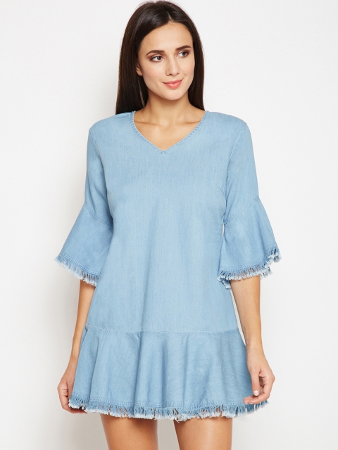 Oxolloxo Women Blue Solid Denim Drop-Waist Dress