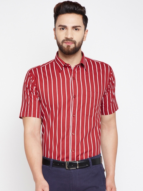 Hancock Men Maroon & White Slim Fit Striped Formal Shirt
