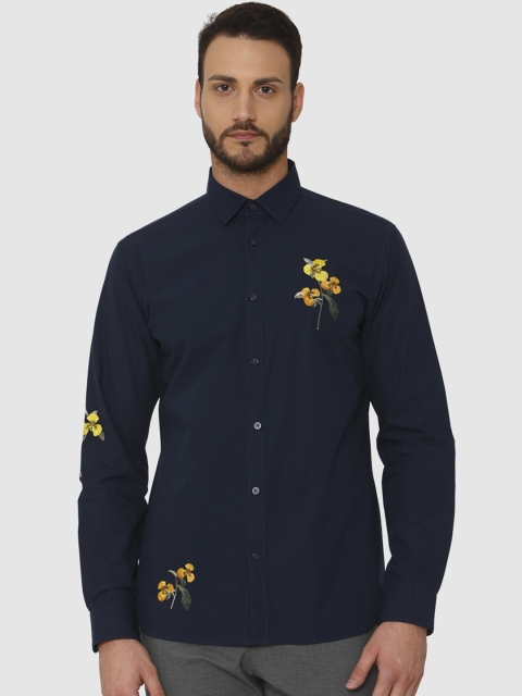 SELECTED Men Blue Regular Fit Self Design Party Shirt