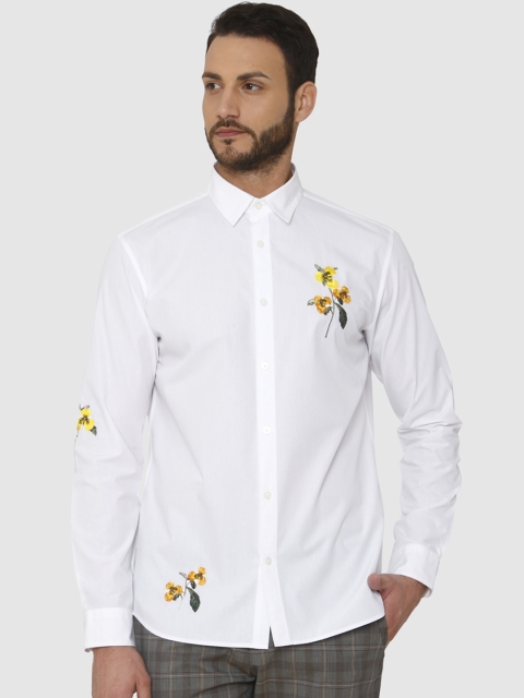 SELECTED Men White Regular Fit Self Design Party Shirt