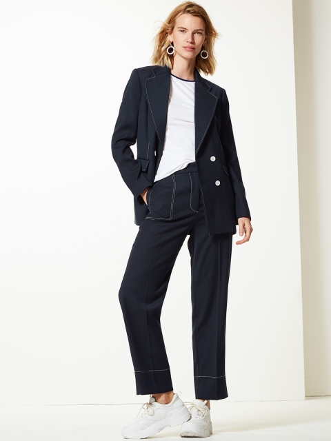 Marks & Spencer Women Navy Blue Straight Fit Solid Regular Trousers