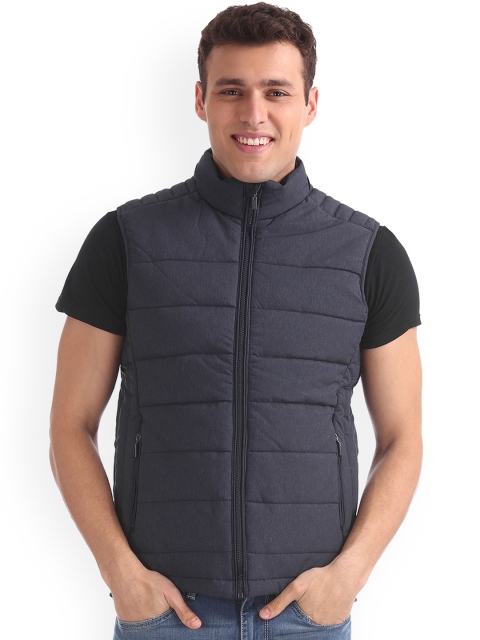 Arrow Sport Men Navy Blue Solid Padded Sleeveless Jacket