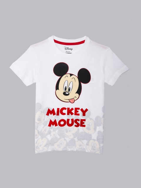 Kids Ville Boys Yellow Mickey & Friends Printed Round Neck T-shirt, White