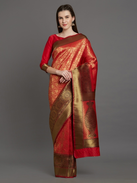 Mitera Red Silk Blend Woven Design Banarasi Saree