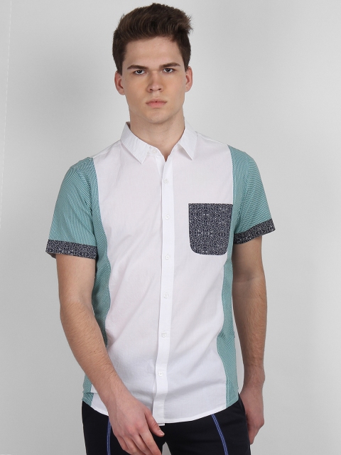 LA LOFT Men White & Blue Regular Fit Colourblocked Casual Shirt