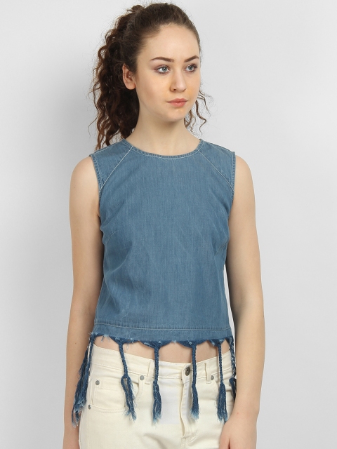 LA LOFT Women Blue Solid Pure Cotton Top