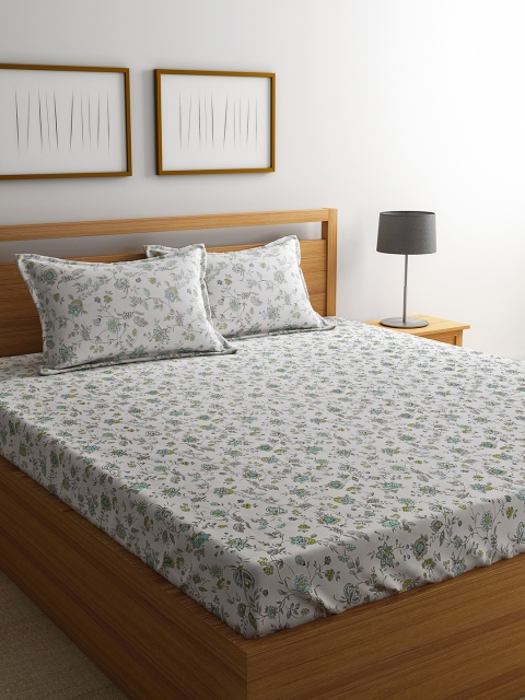 URBAN DREAM Off-White Floral 210 TC Cotton 1 Queen Bedsheet with 2 Pillow Covers