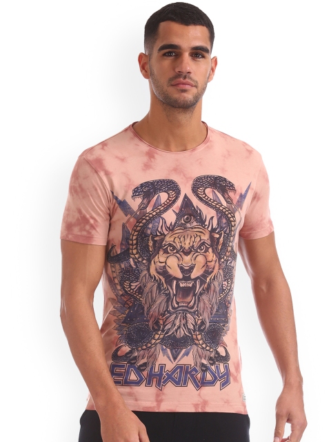 Ed Hardy Men Pink Printed Round Neck T-shirt