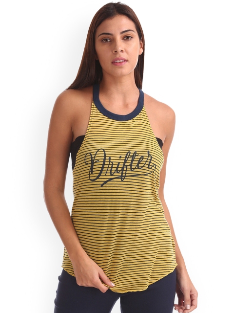 Aeropostale Women Yellow Striped Tank Top