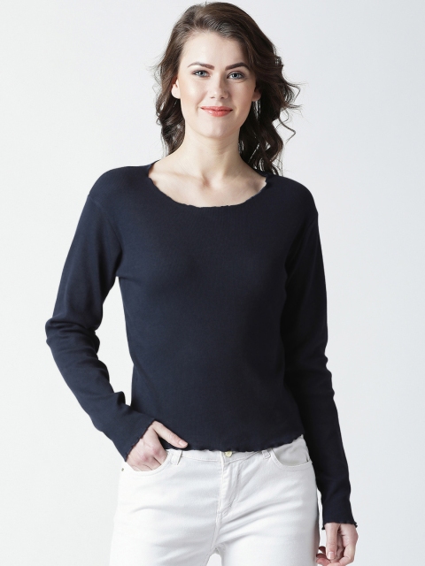 The Dry State Women Navy Blue Solid Round Neck T-shirt