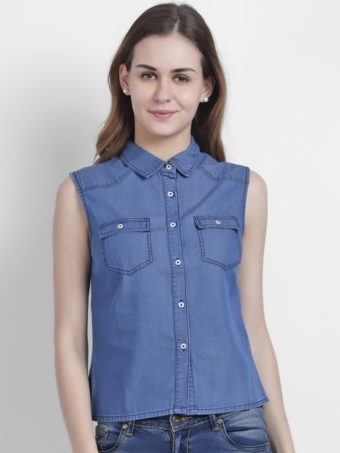 LA LOFT Women Blue Regular Fit Solid Casual Shirt