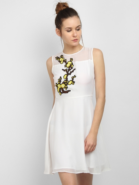 LA LOFT Women White Embellished Fit and Flare Dress