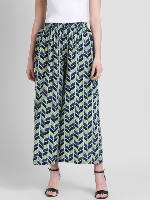 Azira Women Green & Blue Printed Flared Palazzos